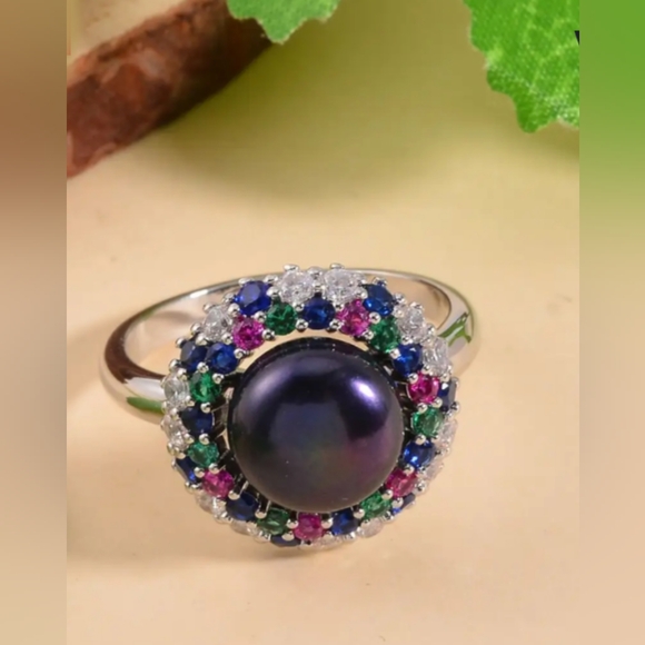 Gorgeous peacock pearl & simulated gems ring, Sz.6 - Picture 4 of 5
